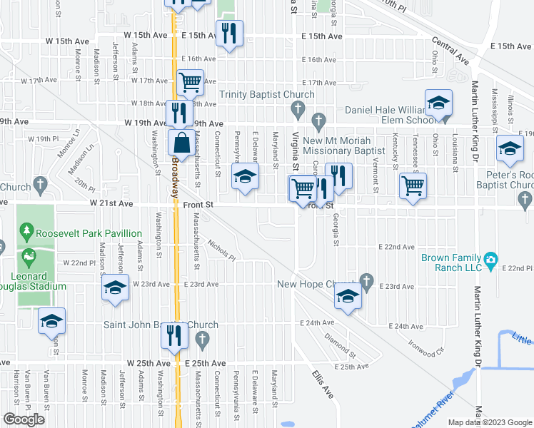 map of restaurants, bars, coffee shops, grocery stores, and more near 2128 Delaware Place in Gary