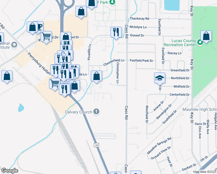 map of restaurants, bars, coffee shops, grocery stores, and more near 406 Harris Court in Maumee
