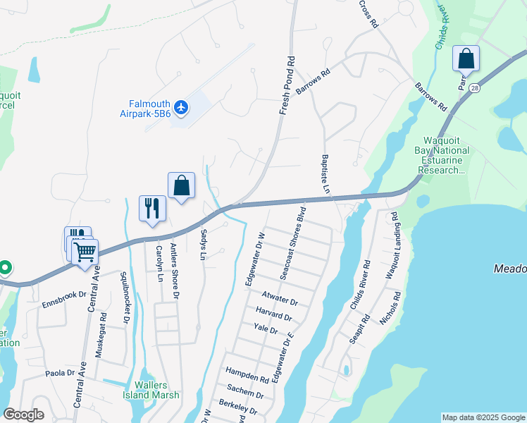 map of restaurants, bars, coffee shops, grocery stores, and more near 1083 East Falmouth Highway in Falmouth