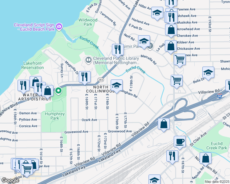 map of restaurants, bars, coffee shops, grocery stores, and more near 1024 East 176th Street in Cleveland