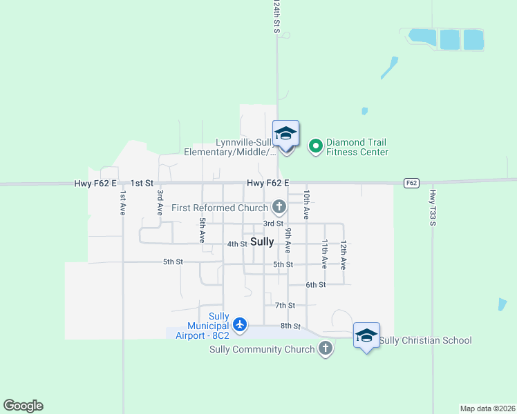 map of restaurants, bars, coffee shops, grocery stores, and more near 705 2nd Street in Sully