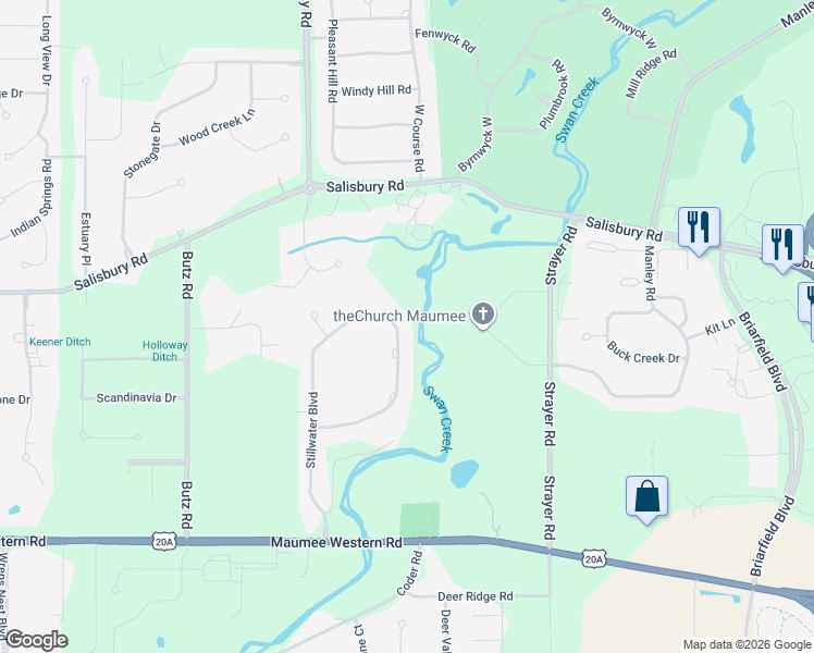 map of restaurants, bars, coffee shops, grocery stores, and more near 3339 Swan Ridge Lane in Maumee