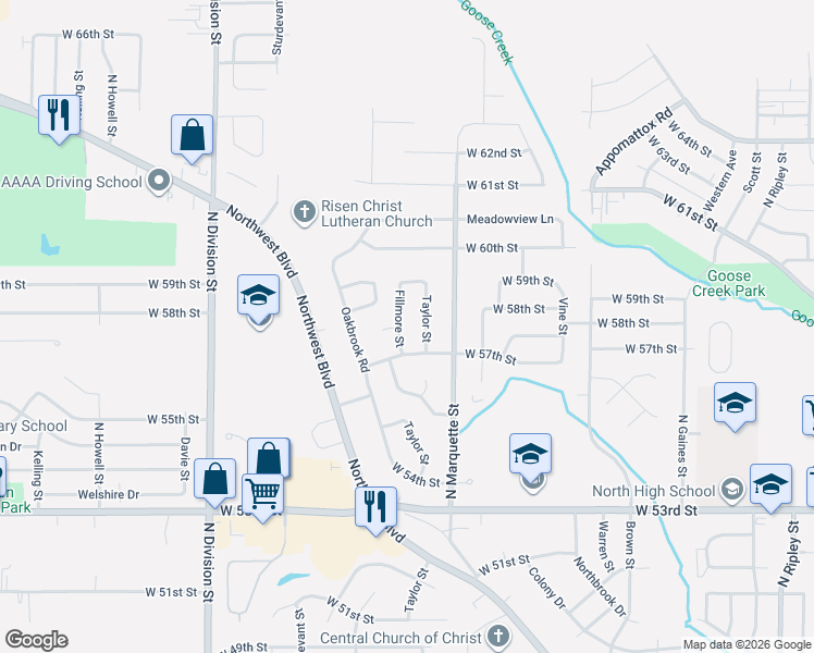 map of restaurants, bars, coffee shops, grocery stores, and more near 5727 N Fillmore St in Davenport