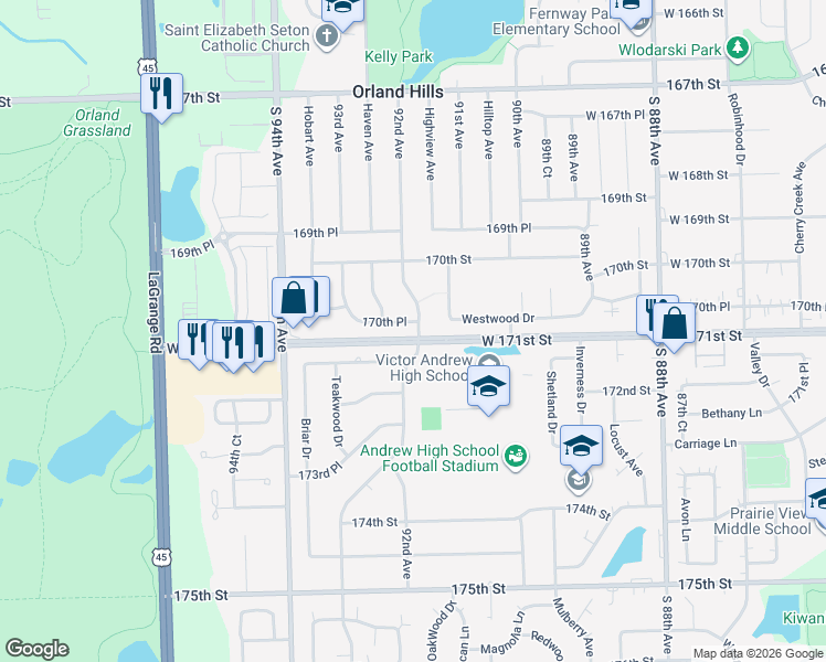 map of restaurants, bars, coffee shops, grocery stores, and more near 17061 92nd Avenue in Orland Hills