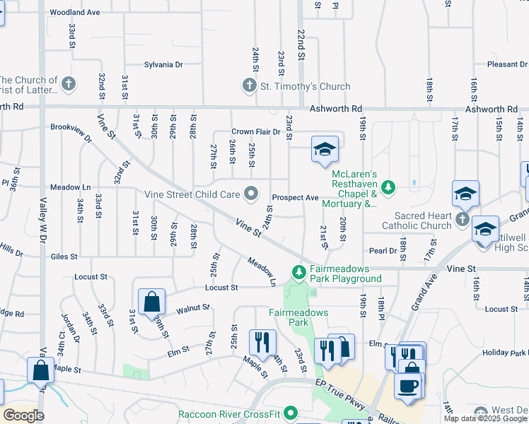 map of restaurants, bars, coffee shops, grocery stores, and more near 708 24th Street in West Des Moines