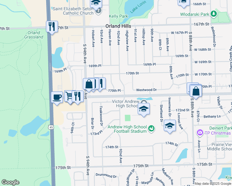 map of restaurants, bars, coffee shops, grocery stores, and more near 9225 170th Place in Orland Hills