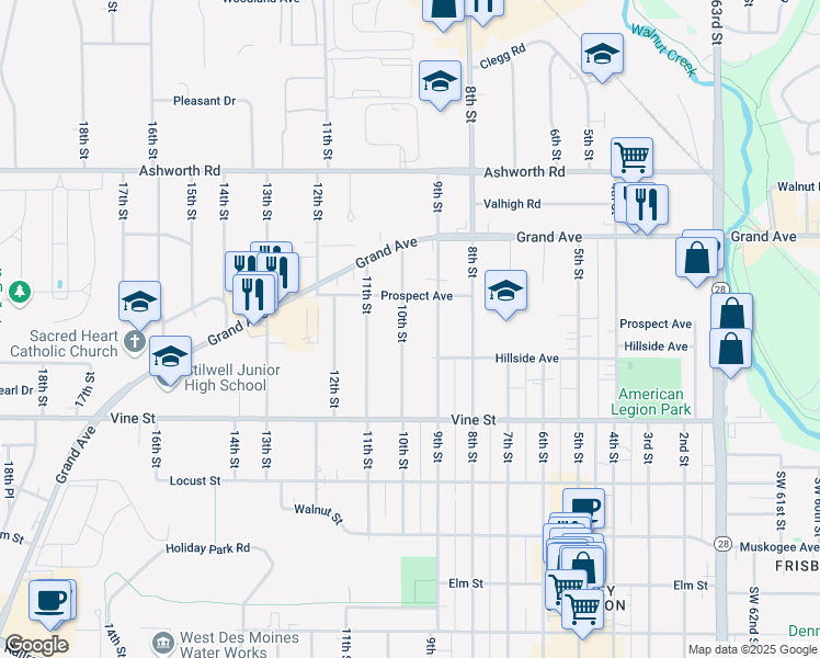 map of restaurants, bars, coffee shops, grocery stores, and more near 717 10th Street in West Des Moines