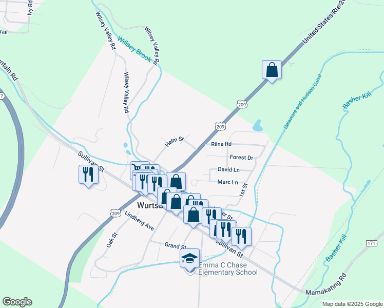 map of restaurants, bars, coffee shops, grocery stores, and more near 263 Kingston Avenue in Wurtsboro