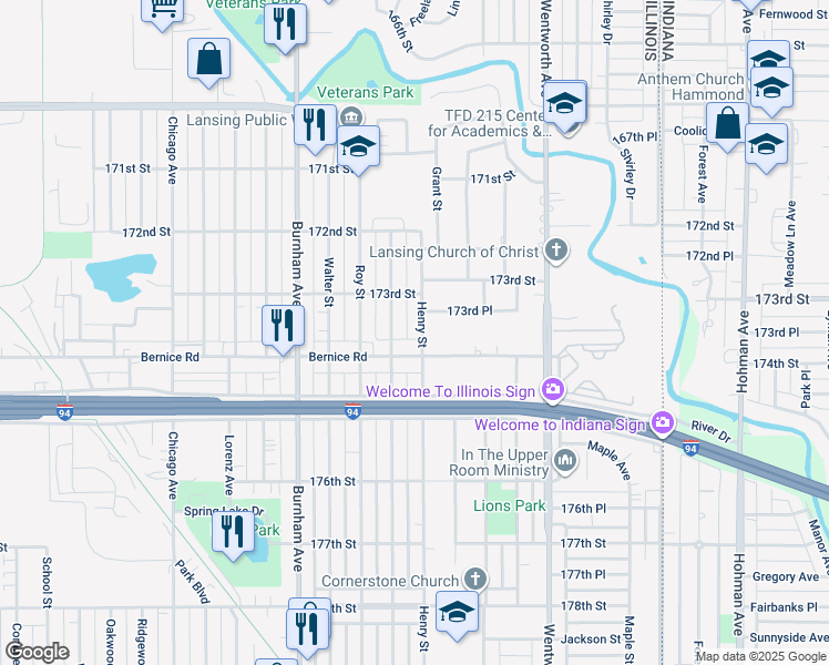 map of restaurants, bars, coffee shops, grocery stores, and more near 17330 Henry Street in Lansing