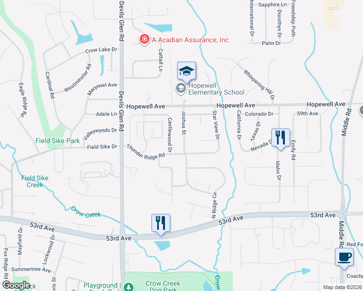 map of restaurants, bars, coffee shops, grocery stores, and more near 5704 Joshua Street in Bettendorf
