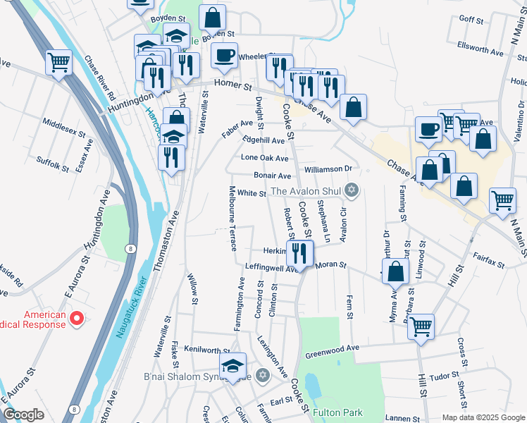 map of restaurants, bars, coffee shops, grocery stores, and more near 67 Dwight Street in Waterbury