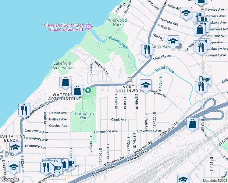 map of restaurants, bars, coffee shops, grocery stores, and more near 1018 East 169th Street in Cleveland