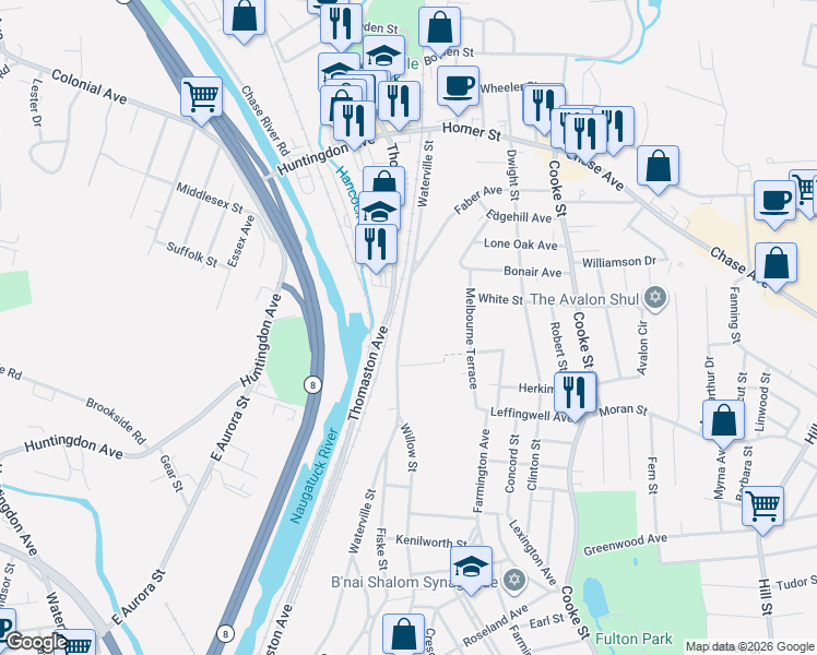 map of restaurants, bars, coffee shops, grocery stores, and more near 790 Waterville Street in Waterbury