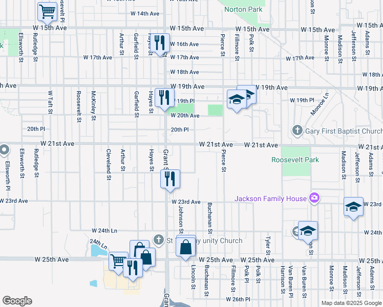 map of restaurants, bars, coffee shops, grocery stores, and more near 2124 Lincoln Street in Gary