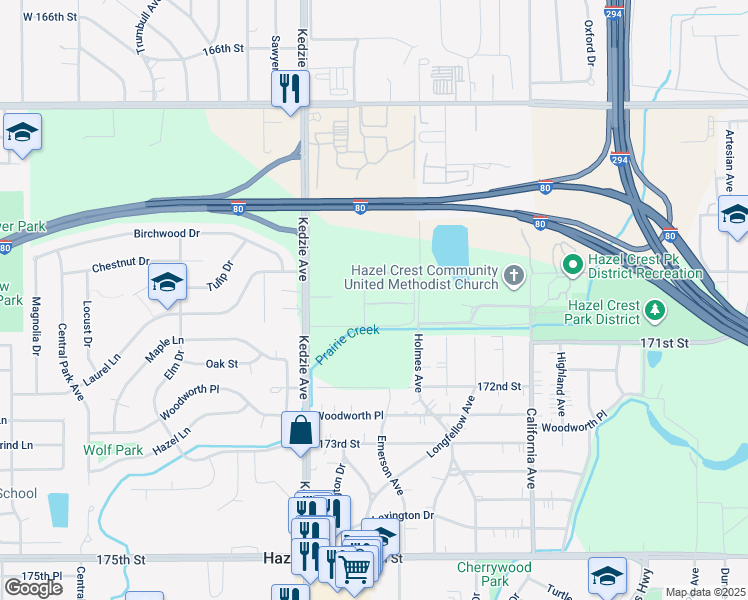 map of restaurants, bars, coffee shops, grocery stores, and more near 17007 Albany Avenue in Hazel Crest