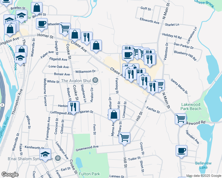 map of restaurants, bars, coffee shops, grocery stores, and more near 138 Macarthur Drive in Waterbury