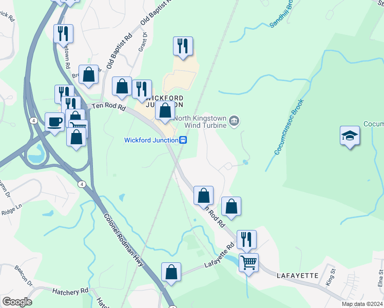 map of restaurants, bars, coffee shops, grocery stores, and more near 152 Rodman Lane in North Kingstown