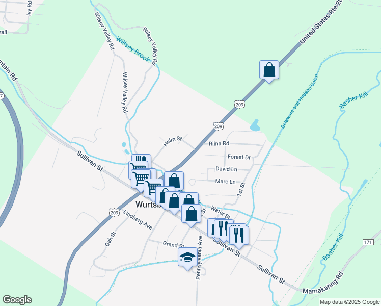 map of restaurants, bars, coffee shops, grocery stores, and more near 263 Kingston Avenue in Wurtsboro