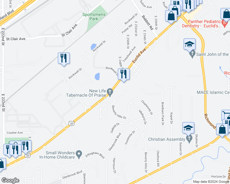 map of restaurants, bars, coffee shops, grocery stores, and more near in Euclid