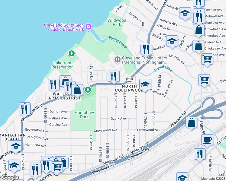map of restaurants, bars, coffee shops, grocery stores, and more near 1018 East 169th Street in Cleveland