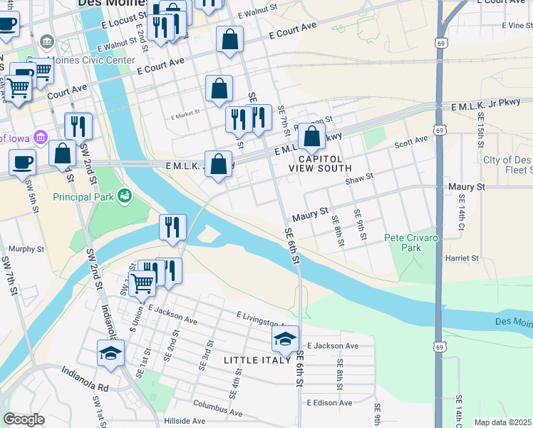 map of restaurants, bars, coffee shops, grocery stores, and more near 712 Southeast 6th Street in Des Moines