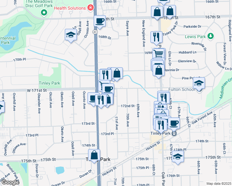map of restaurants, bars, coffee shops, grocery stores, and more near 17102 71st Avenue in Tinley Park