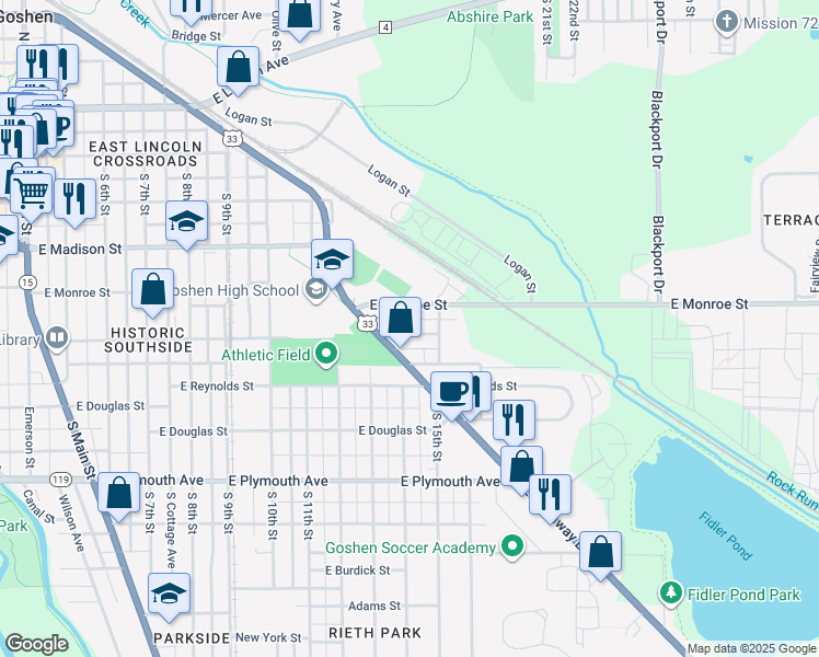 map of restaurants, bars, coffee shops, grocery stores, and more near 1109 Sander Avenue in Goshen