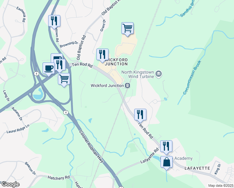 map of restaurants, bars, coffee shops, grocery stores, and more near 30 Roberts Way in North Kingstown