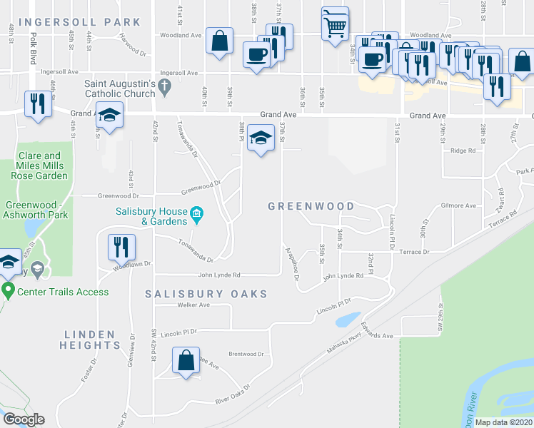 map of restaurants, bars, coffee shops, grocery stores, and more near 180 37th Street in Des Moines