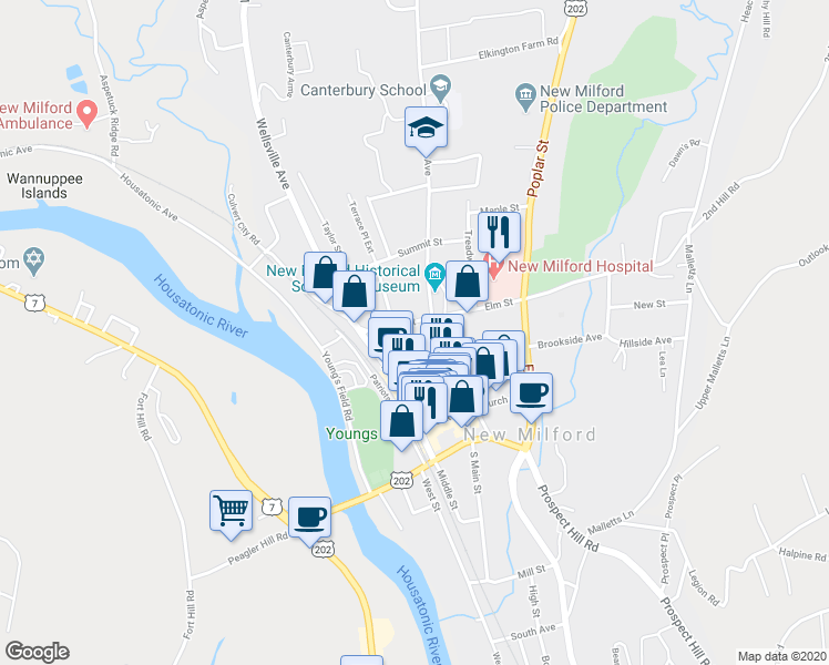map of restaurants, bars, coffee shops, grocery stores, and more near 55 Main Street in New Milford