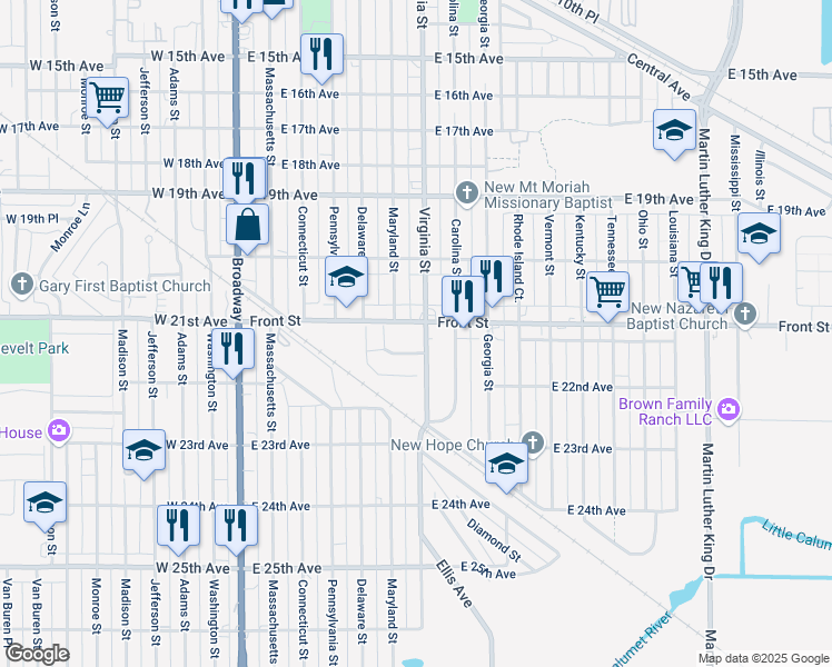 map of restaurants, bars, coffee shops, grocery stores, and more near 2100 Virginia Street in Gary