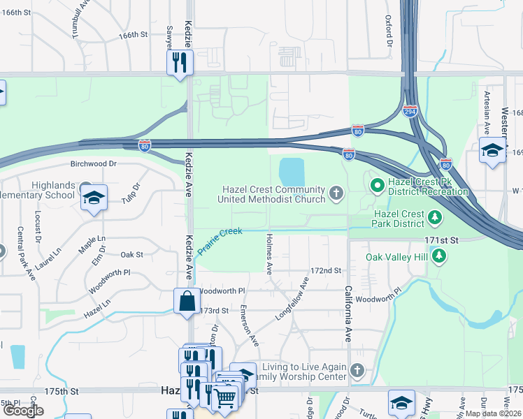 map of restaurants, bars, coffee shops, grocery stores, and more near 17006 171st Street in Hazel Crest