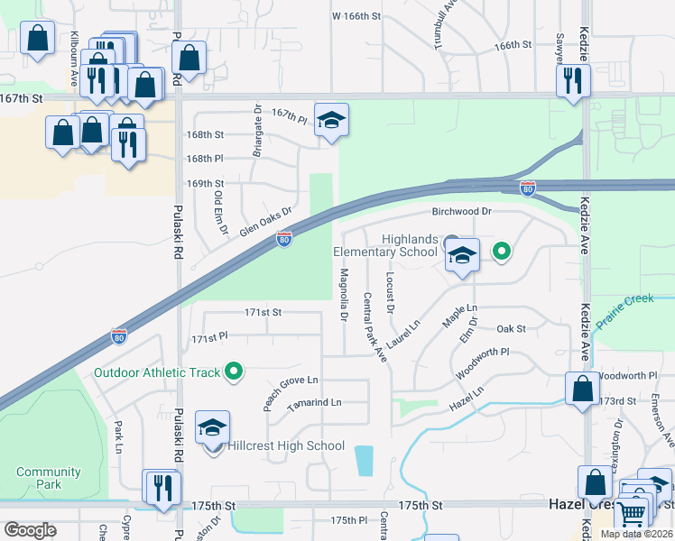 map of restaurants, bars, coffee shops, grocery stores, and more near 17012 Magnolia Drive in Hazel Crest