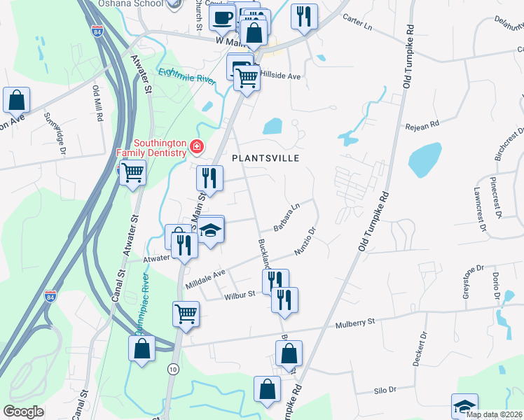map of restaurants, bars, coffee shops, grocery stores, and more near 138 Buckland Street in Southington