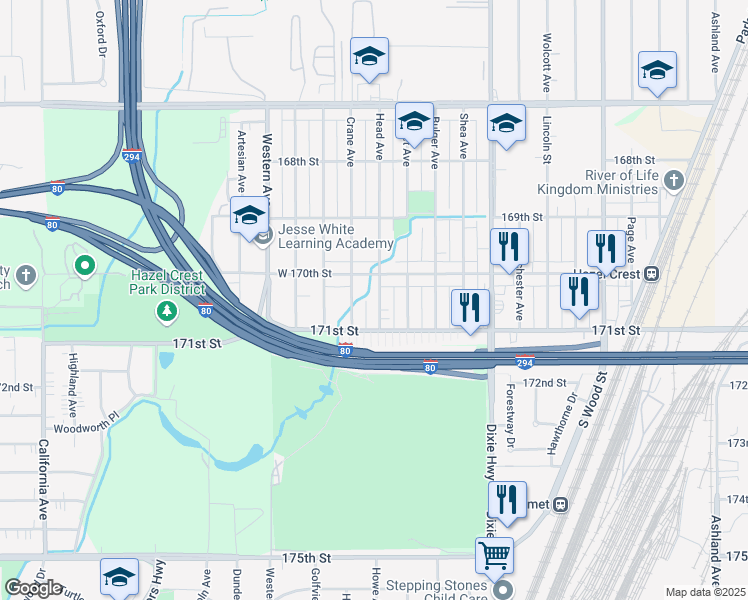 map of restaurants, bars, coffee shops, grocery stores, and more near 17032 Head Avenue in Hazel Crest