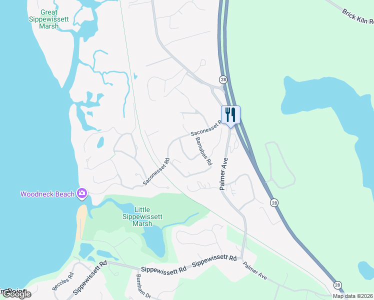 map of restaurants, bars, coffee shops, grocery stores, and more near 16 Meltiah Road in Falmouth
