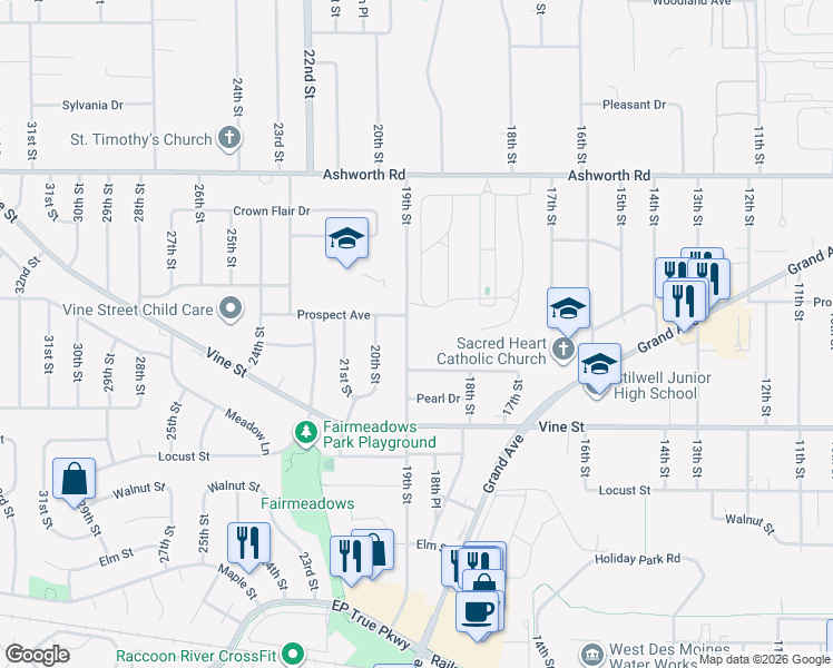 map of restaurants, bars, coffee shops, grocery stores, and more near 723 19th St in West Des Moines