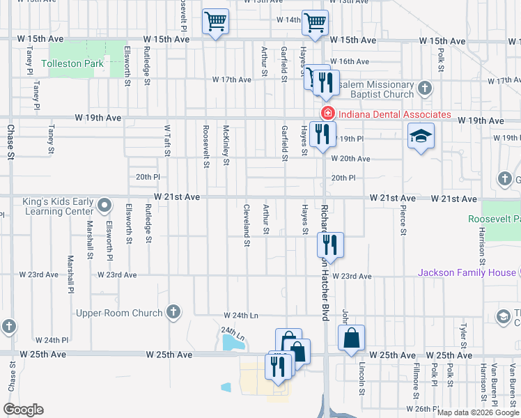 map of restaurants, bars, coffee shops, grocery stores, and more near 2124 Arthur Street in Gary