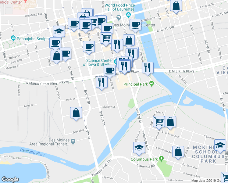 map of restaurants, bars, coffee shops, grocery stores, and more near 405 Southwest 5th Street in Des Moines