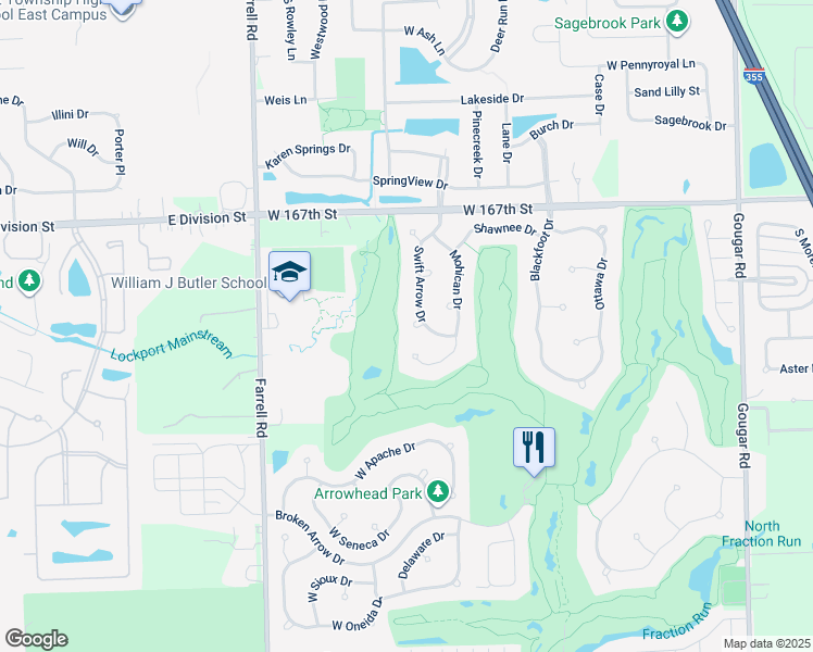 map of restaurants, bars, coffee shops, grocery stores, and more near 16858 Swift Arrow Drive in Lockport