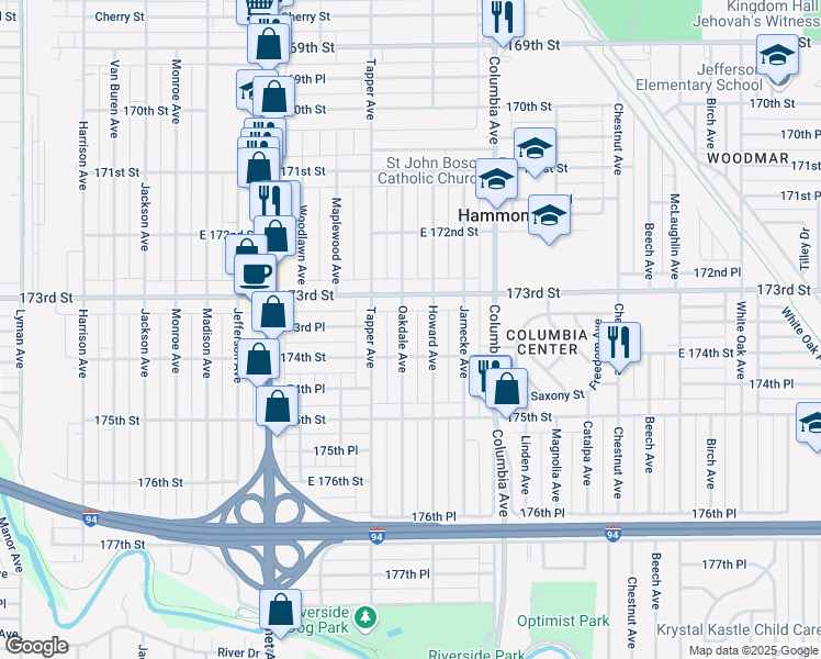 map of restaurants, bars, coffee shops, grocery stores, and more near 7332 Oakdale Avenue in Hammond