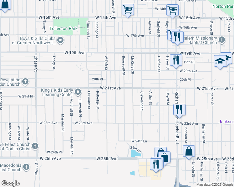 map of restaurants, bars, coffee shops, grocery stores, and more near 2131 Roosevelt Place in Gary