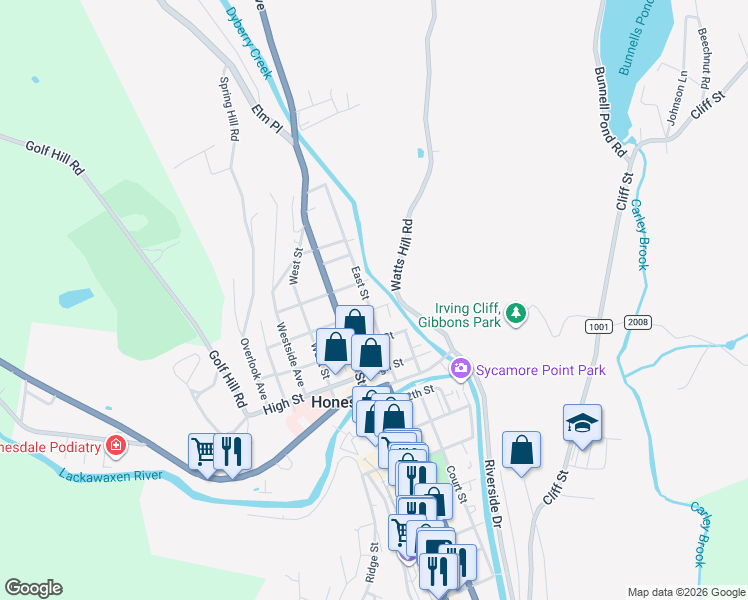 map of restaurants, bars, coffee shops, grocery stores, and more near 1407 East St in Honesdale
