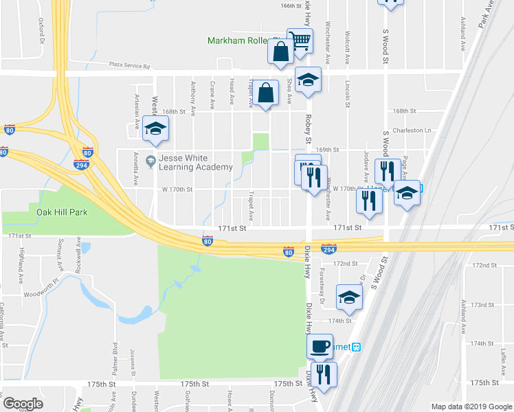 map of restaurants, bars, coffee shops, grocery stores, and more near 17043 Trapet Ave in Hazel Crest