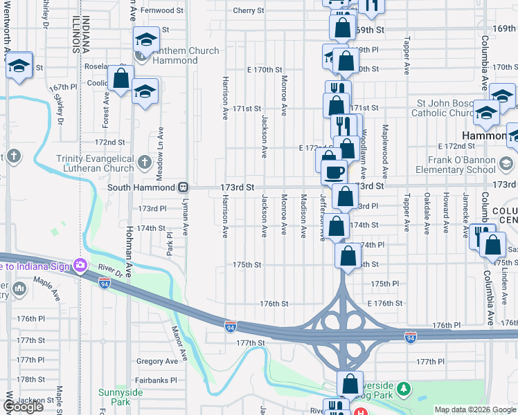 map of restaurants, bars, coffee shops, grocery stores, and more near 7327 Van Buren Avenue in Hammond