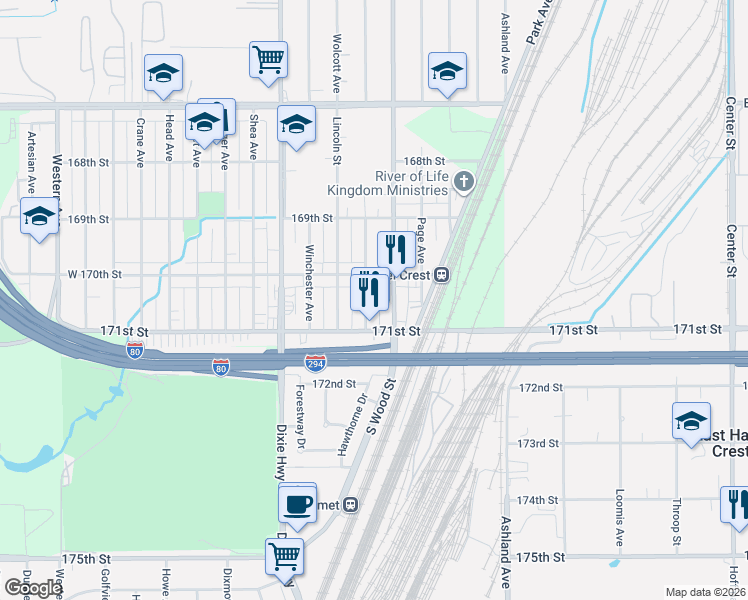 map of restaurants, bars, coffee shops, grocery stores, and more near 17043 Jodave Avenue in Hazel Crest