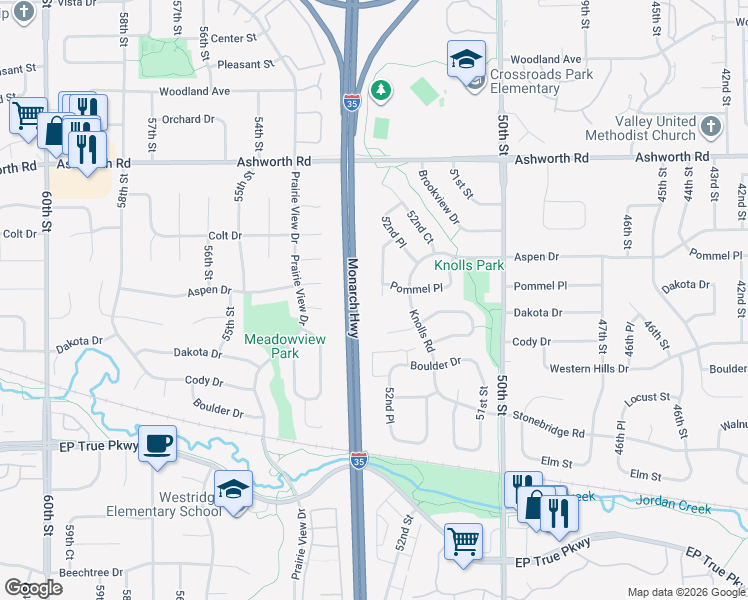 map of restaurants, bars, coffee shops, grocery stores, and more near 708 Knolls Court in West Des Moines