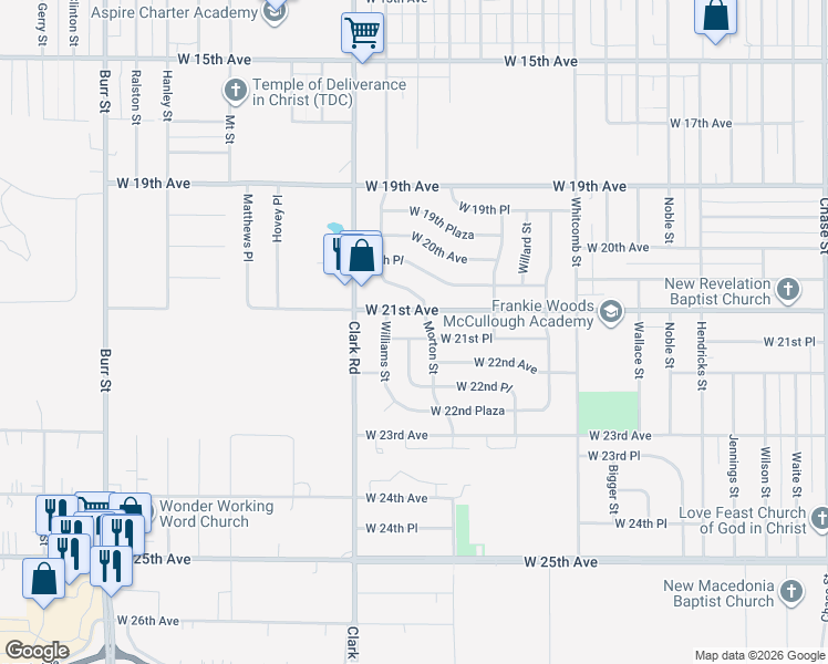 map of restaurants, bars, coffee shops, grocery stores, and more near 4320 West 21st Place in Gary