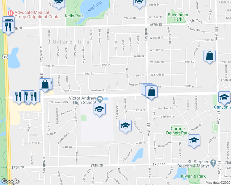 map of restaurants, bars, coffee shops, grocery stores, and more near 8943 Westwood Drive in Orland Hills