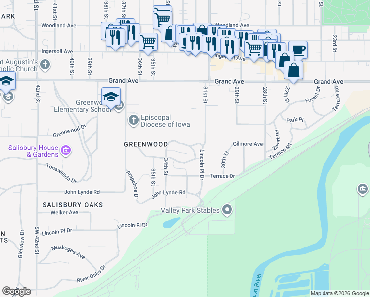 map of restaurants, bars, coffee shops, grocery stores, and more near 3200 Elmwood Drive in Des Moines